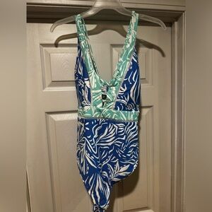 Plus Size La Blanca Blue and Green One Piece Swimwear V-Neck Design- NWOT